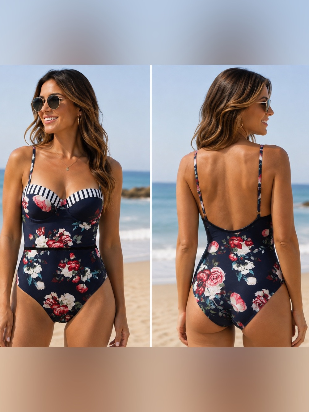 NWOT Cupshe Navy Floral One Piece Swimsuit Size Large
